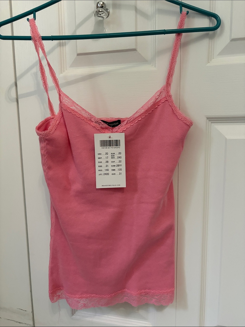 BNWT Brandy Melville Pink Lace-Trim Ribbed Cami